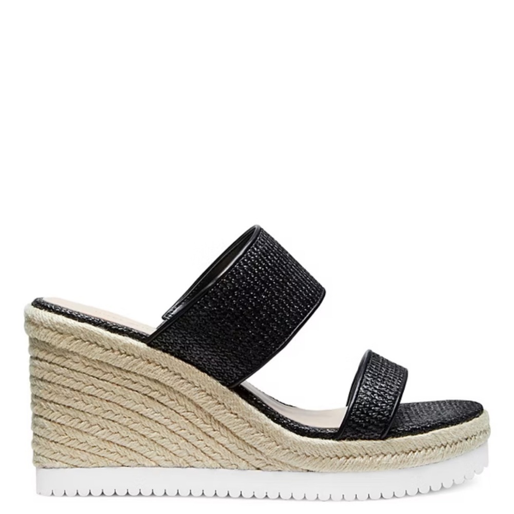 Stuart Weitzman Mykonos Two-Strap Wedge Sandals Herringbone Raffia & Black 38.5